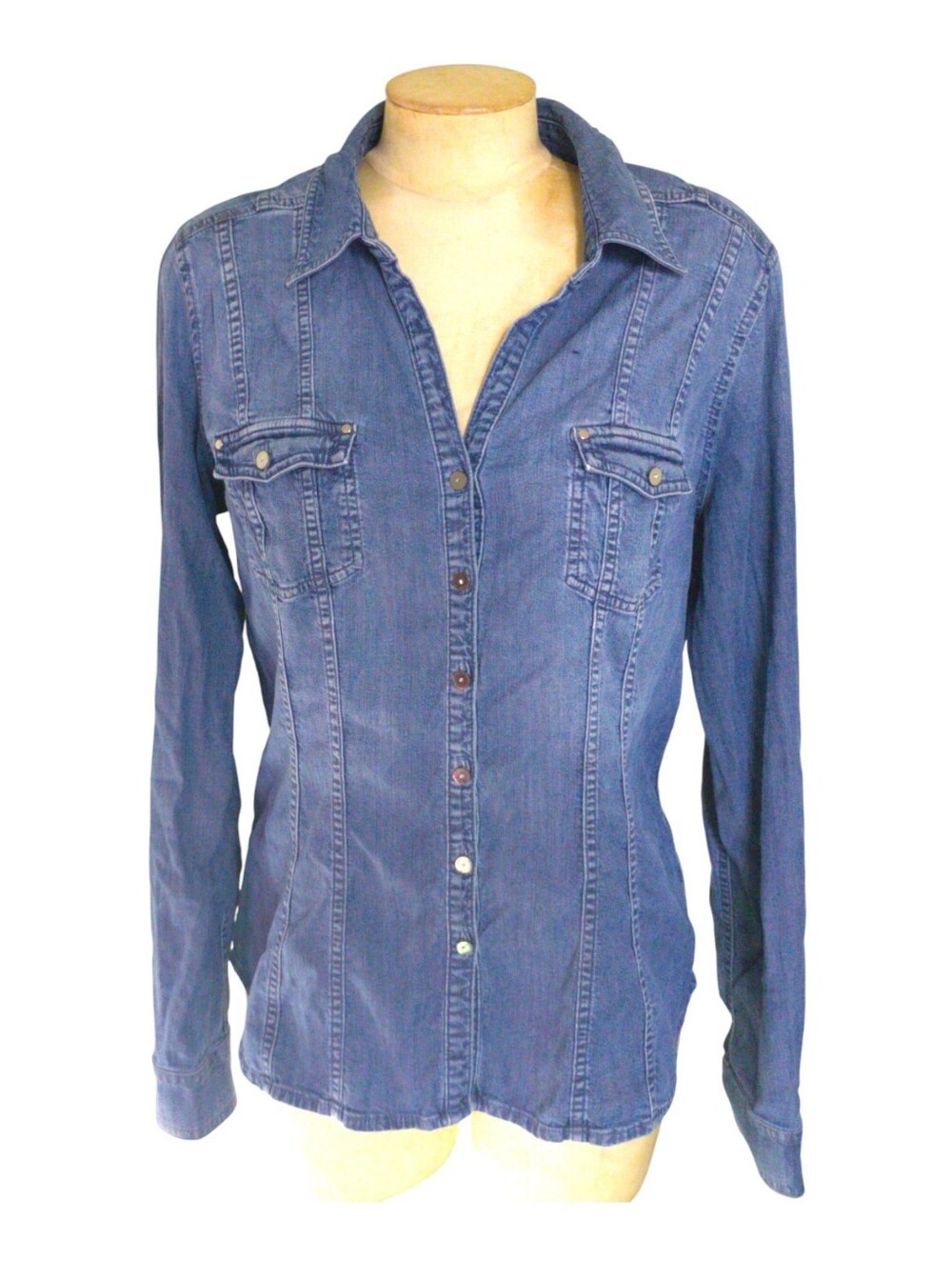 White House Black Market Denim Western Shirt Womens 12 Blue Button Up Pockets